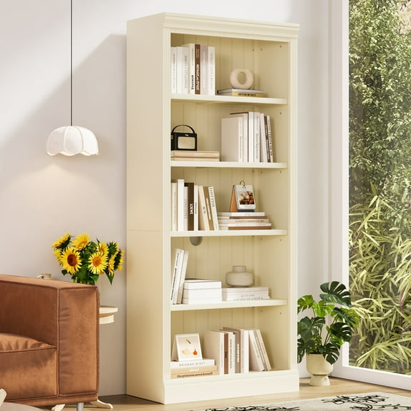 83.4" Solid Wood Bookcase with LED Light Strip, 5-Tier Adjustable Shelves, Storage for Books/CDs, Free Standing Living Room & Home Office Furniture, Beige/Yellow