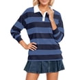 thumbnail image 3 of Arlun Womens Long Sleeve Striped Polo Shirts Oversized Quarter Button Collar Y2k Pullover T Shirts Casual Loose Soft Comfortable Streetwear Rugby Lightweight Going out Tops Dark Blue L, 3 of 6