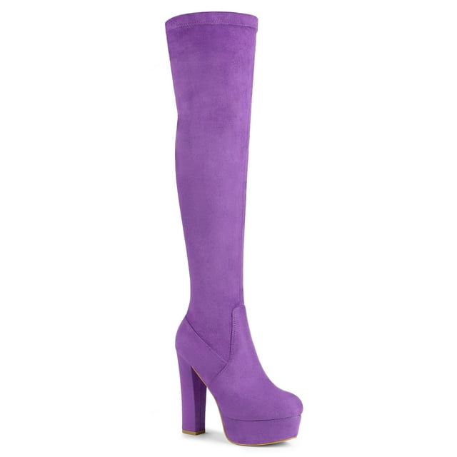 Unique Bargains Women's Platform Block Heel Over Knee High Boots Purple US 7.5