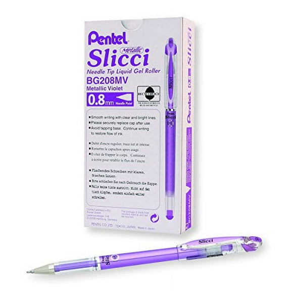 Pentel Arts Slicci Metallic 0.8 mm Needle Tip Gel Pen, Metallic Violet Ink, Box of 12 (BG208-MV)