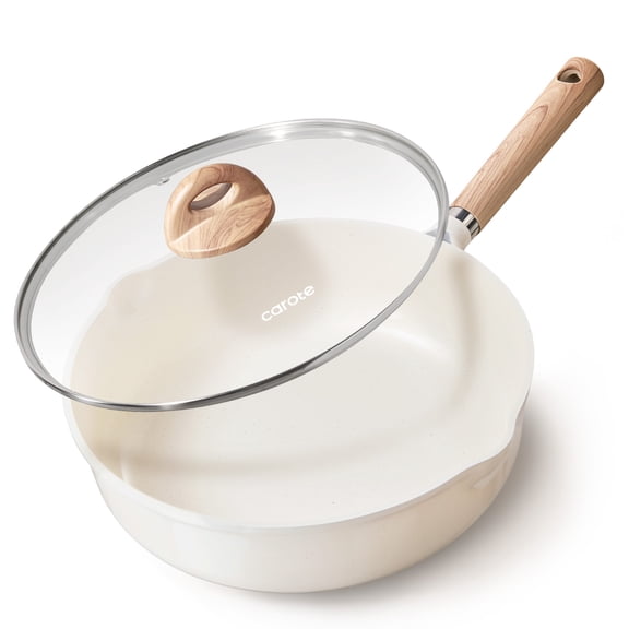 Carote 11" Ceramic Nonstick Saute Pan with Lid Cover Non-Stick Deep Frypan With Induction, Bon Appetit, White Granite, 5QT