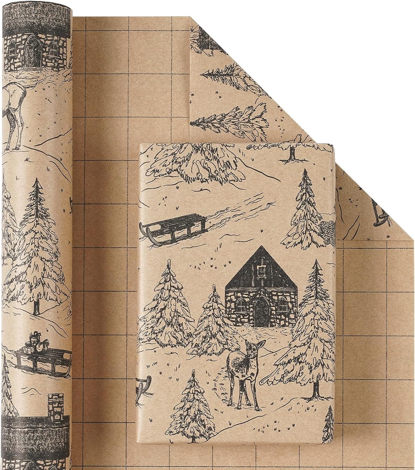 Kraft Christmas Wrapping Paper Roll, Mini Roll, Vintage Black Winter Cabin and Forest Scene Design, Rustic Holiday Gift Wrap for Women, Men, Xmas Gifts, Winter Party, 17 Inches x 16.4 Feet