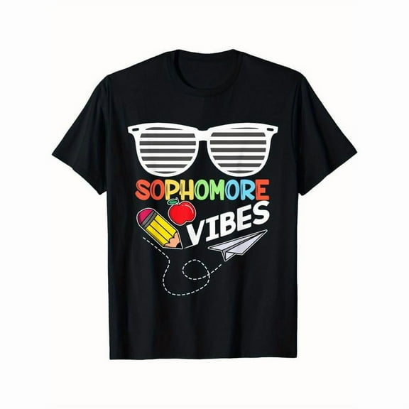 Funny Graphic Tee,Tops Has"Sophomore Vibes"Text With Paper Planes And Glasses Pattern,Round Neck Regular Fit T-shirts, Size(S-5XL)