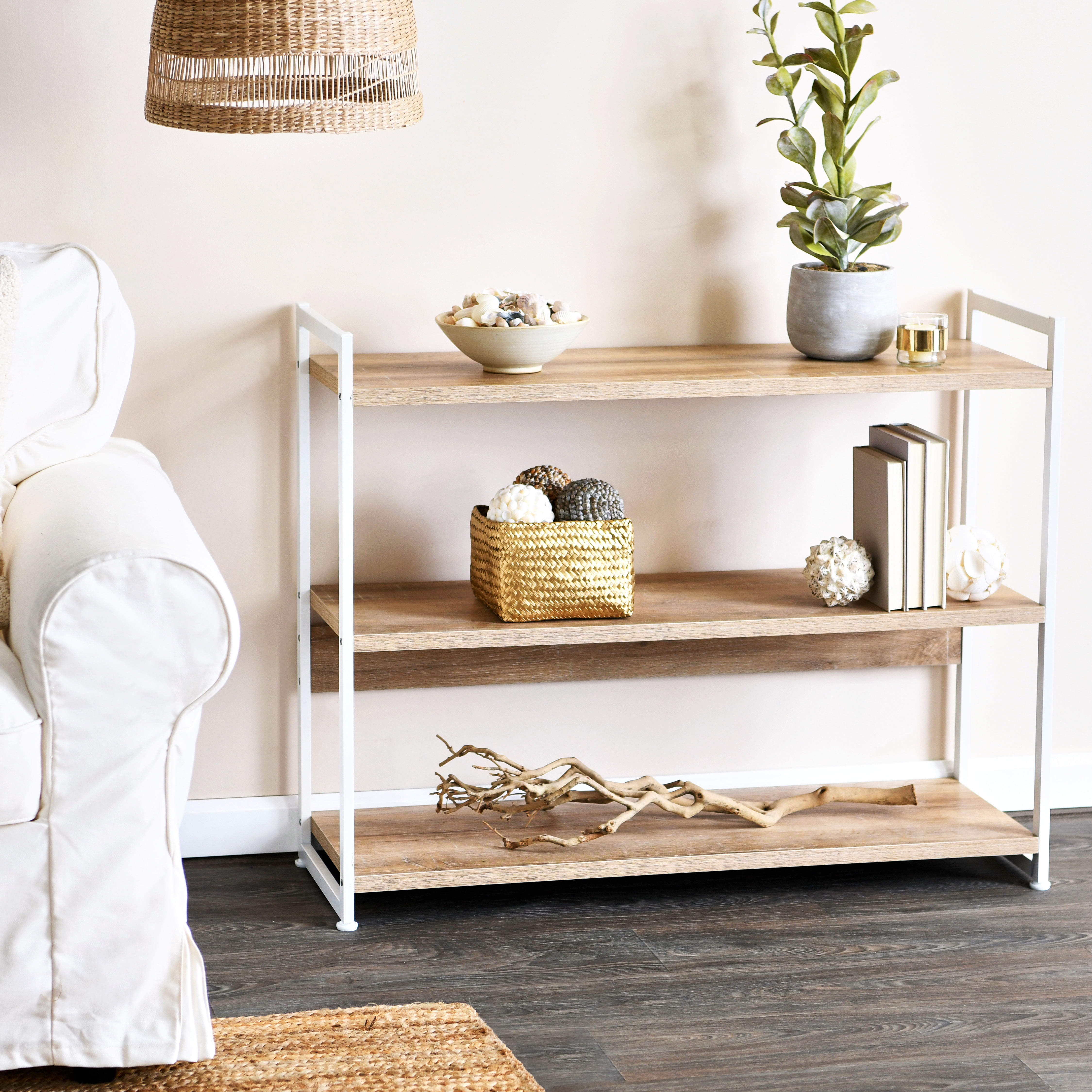 Household Essentials 3 Tier Bookshelf, Bleached Wood and White Metal, Coastal and White Wash Bookshelf