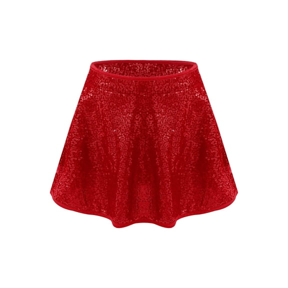 TSSOE Toddler Girls Sparkly Latin Jazz Dance Skirt with Built-in Briefs Elastic Waist Shiny Sequin Dancewear Red 4