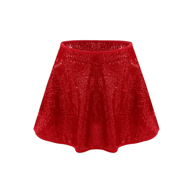 vastwit Jupe de Danse Ballet Moderne Latine Hip Hop à Sequins pour Filles Jupe Plissée Évasée Mini Jupe-Culotte Rouge 6