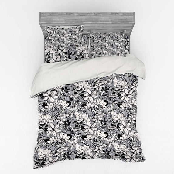 Ambesonne Floral Bedding Set 4 Pcs, Frangipani Mimosa Lotus, Queen, Black White Pale Grey