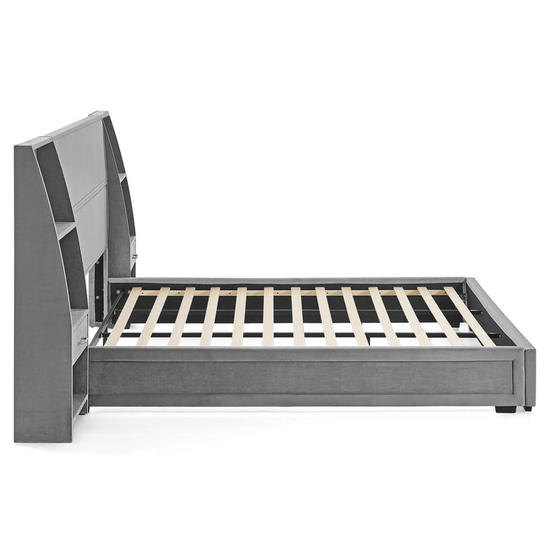 Queen/King Size Modern Upholstered Platform Bed Frame, Velvet Storage Bed with Headboard, Side Bookcases & Drawers Nightstand