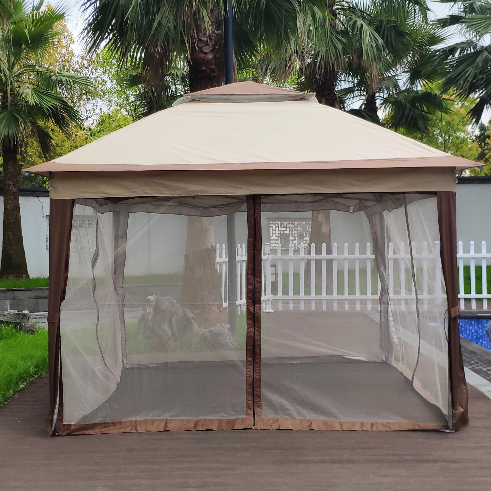 Outdoor Canopy Gazebo, 11ft x 11ft Double Roof Outdoor Canopy Shelter, Coffee Waterproof and Portable Pergola Gazebo Tent for Patio Furniture