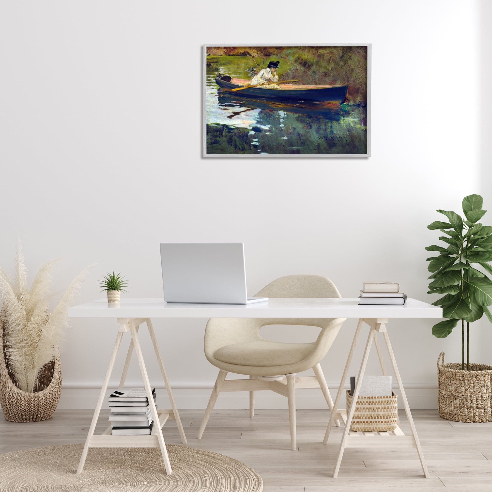 Stupell Industries Thoughtful Woman on Canoe Novelty Painting Gray Framed Art Print Wall Art, 30 x 20