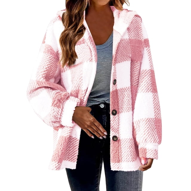 ShomPort Fleece Overcoats for Womens Plaid Pattern Button Lapel Long Sleeve Plus Size Cardigans Fall Winter Trendy Jackets