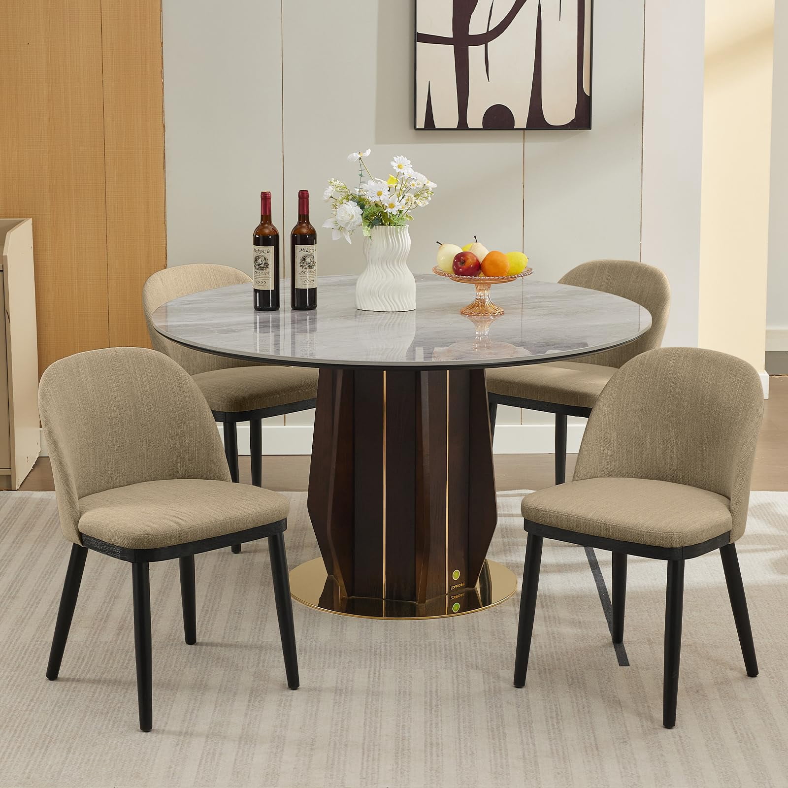 COZONY Modern Dining Chairs, Set of 6, Upholstered Semi-Circular Back, Fabric Padded Seat, Wood Legs for Kitchen, Dining Room,Camel