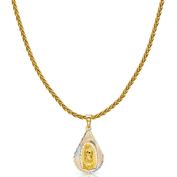 14K Tri Color Gold Diamond Cut Our Lady of Guadalupe Stamp Charm Pendant with 1.4mm Round Wheat Chain Necklace - 22"