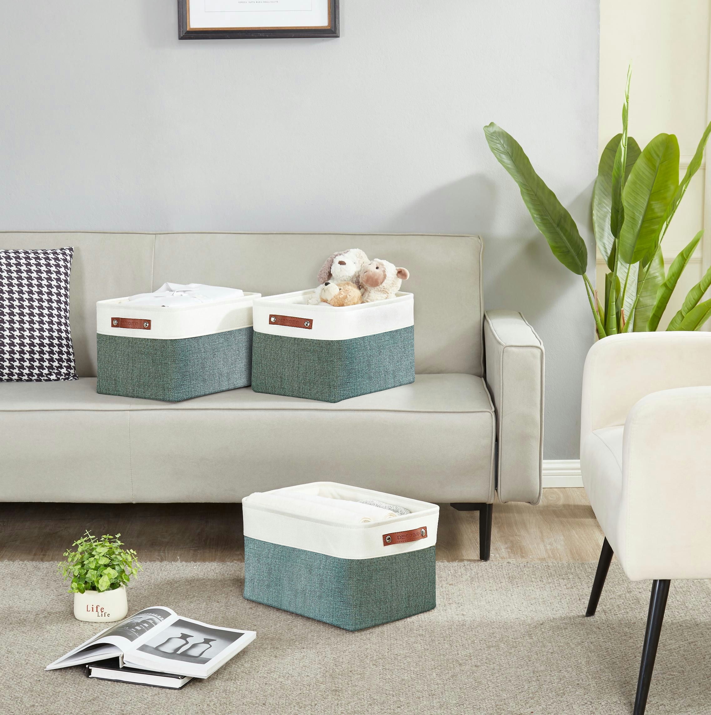 DECOMOMO Large Storage Baskets, Fabric Storage Bins, Baskets and Bins (Green and White, Set of 3)