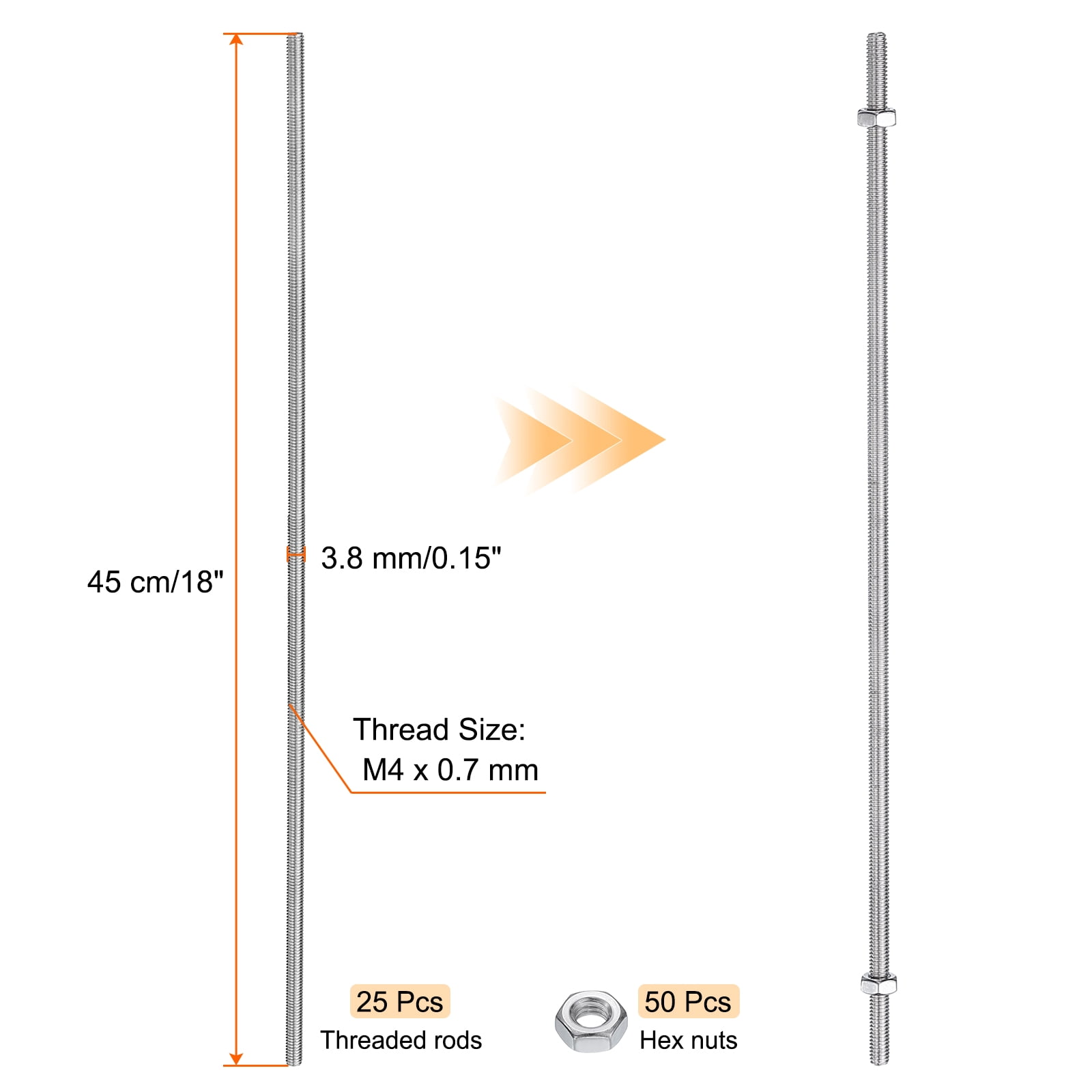 Uxcell 25pcs 8/32 Inch M4 Threaded Rods with Hex Nuts 18 Inch 304 Stainless Steel Rod, Silver