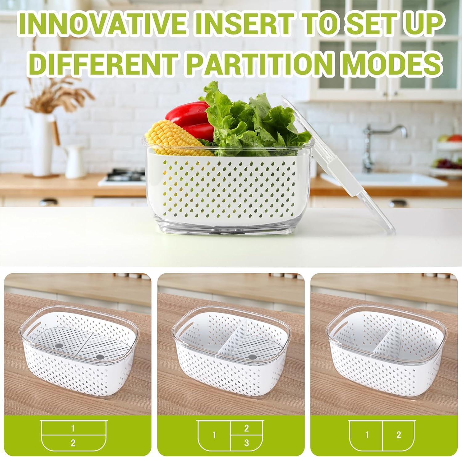 Fresh Produce Vegetable Fruit Storage Containers 3Piece Set, BPA-free, Partitioned Salad Container, Fridge Organizers, Used in Storing Fruits Vegetables, White