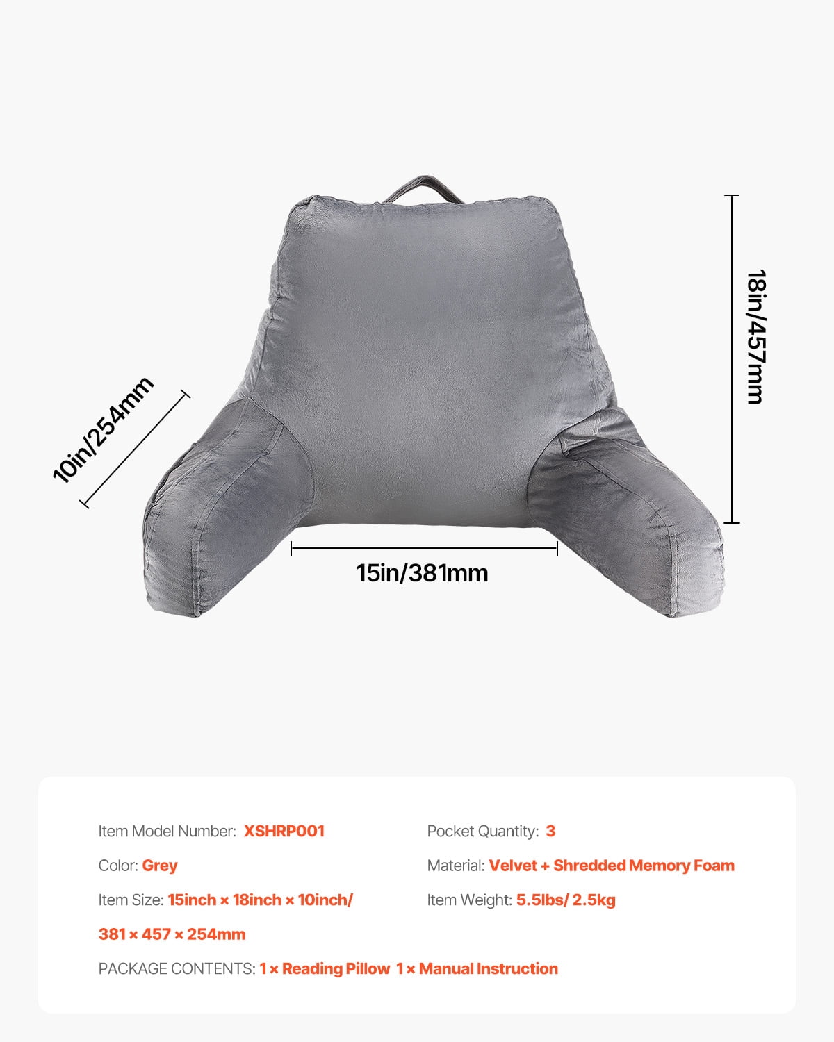 VEVOR Reading Pillow, Standard Size Bed Pillow with Shredded Memory Foam, Back Pillow with 3 Pockets and Washable Short Velvet Cloth, Top with Handle, for Watching TV, Reading, Gaming, Resting, Grey