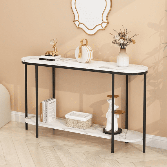 BoldGear 2 Tier Faux Marble Narrow Entryway Console Tables,Behind Sofa Couch Table,Wooden Hallway Foyer Tables,Modern Console Accent Table,with Metal Legs,for Entrance, Living Room, Bedroom,Black