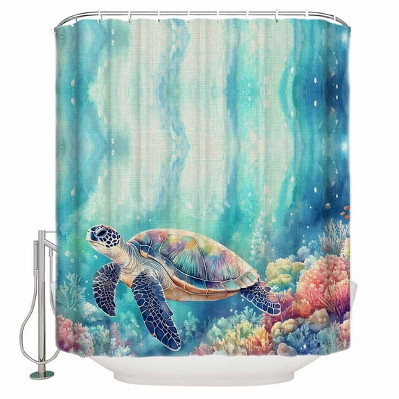 Extra Long Shower Curtain 72x96 Inch, Ocean Turtle Shower Curtain Waterproof Bathroom Decor Coastal Coral Colorful Coral Watercoloor Fabric Bath Curtain Set Accessories with Hooks