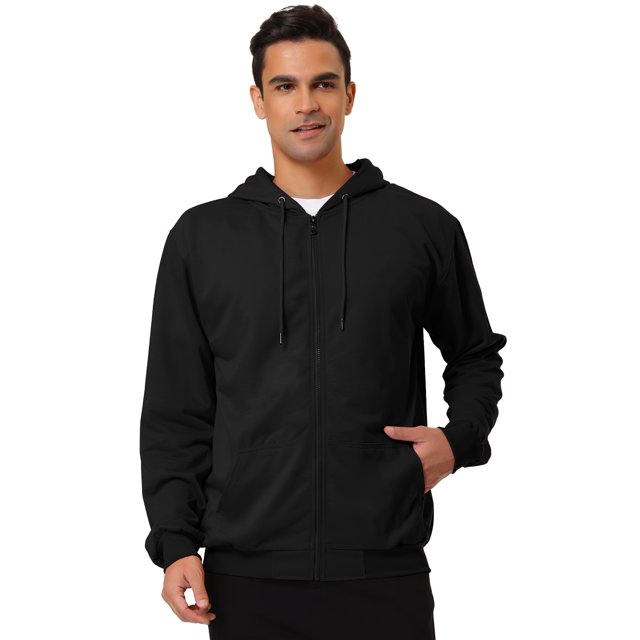 Sudadera con capucha para hombre, con cremallera completa, manga larga, ligera, sólida, deportiva, con capucha Negro L Unique Bargains Sudadera