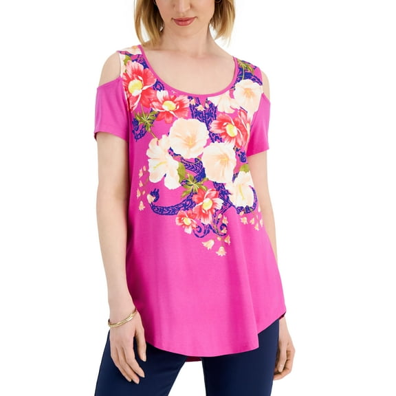 JM Collection Womens Floral Print Cold Shoulder Top Fuchsia Tulip Combo S