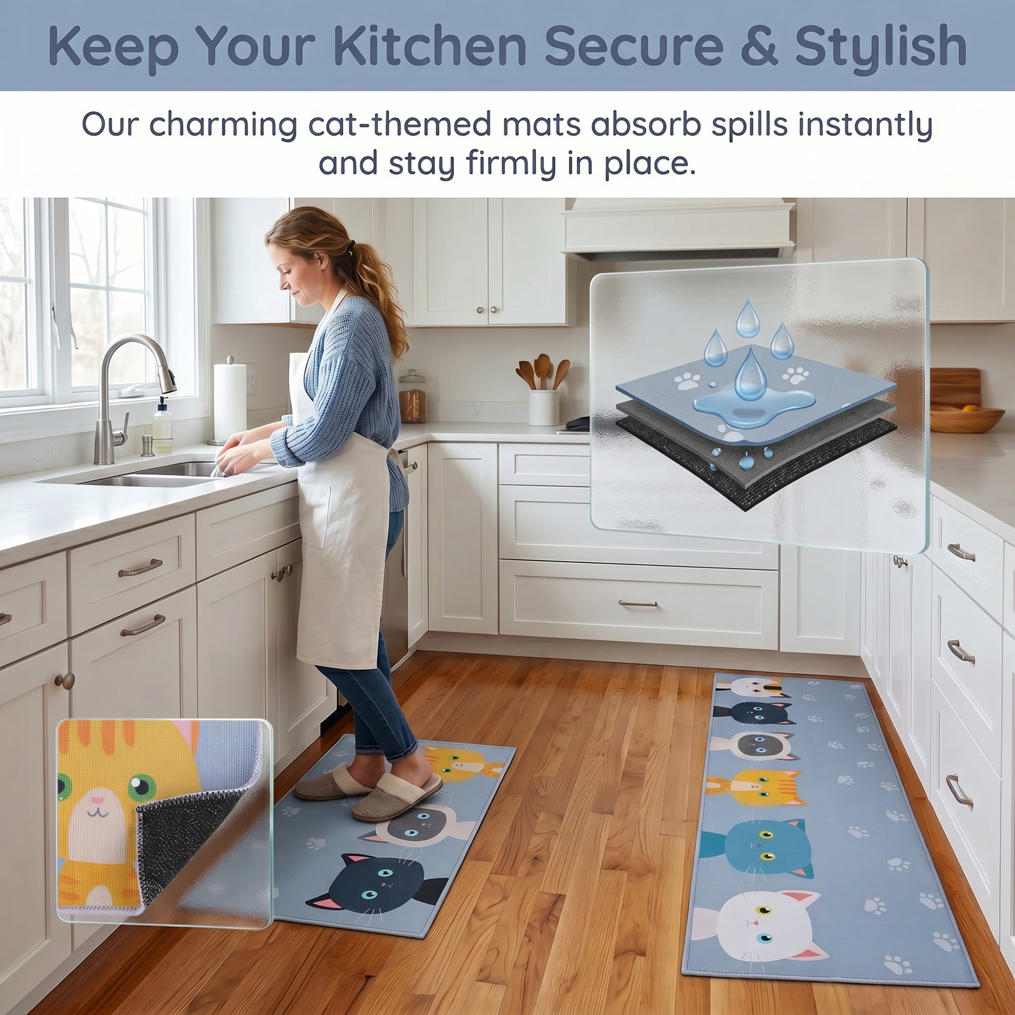 Unique Bargains Non Slip Cat Floral Printed Kitchen Rugs and Mats Blue 31"x20"+47"x20"