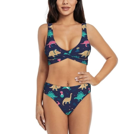 Zeuib Cartoon Dinosaur High Waisted Tummy Control Bikini Set - Knot Front Push Up Top & Cheeky Thong Bottom  Two-Piece Swimsuit for Women-Small