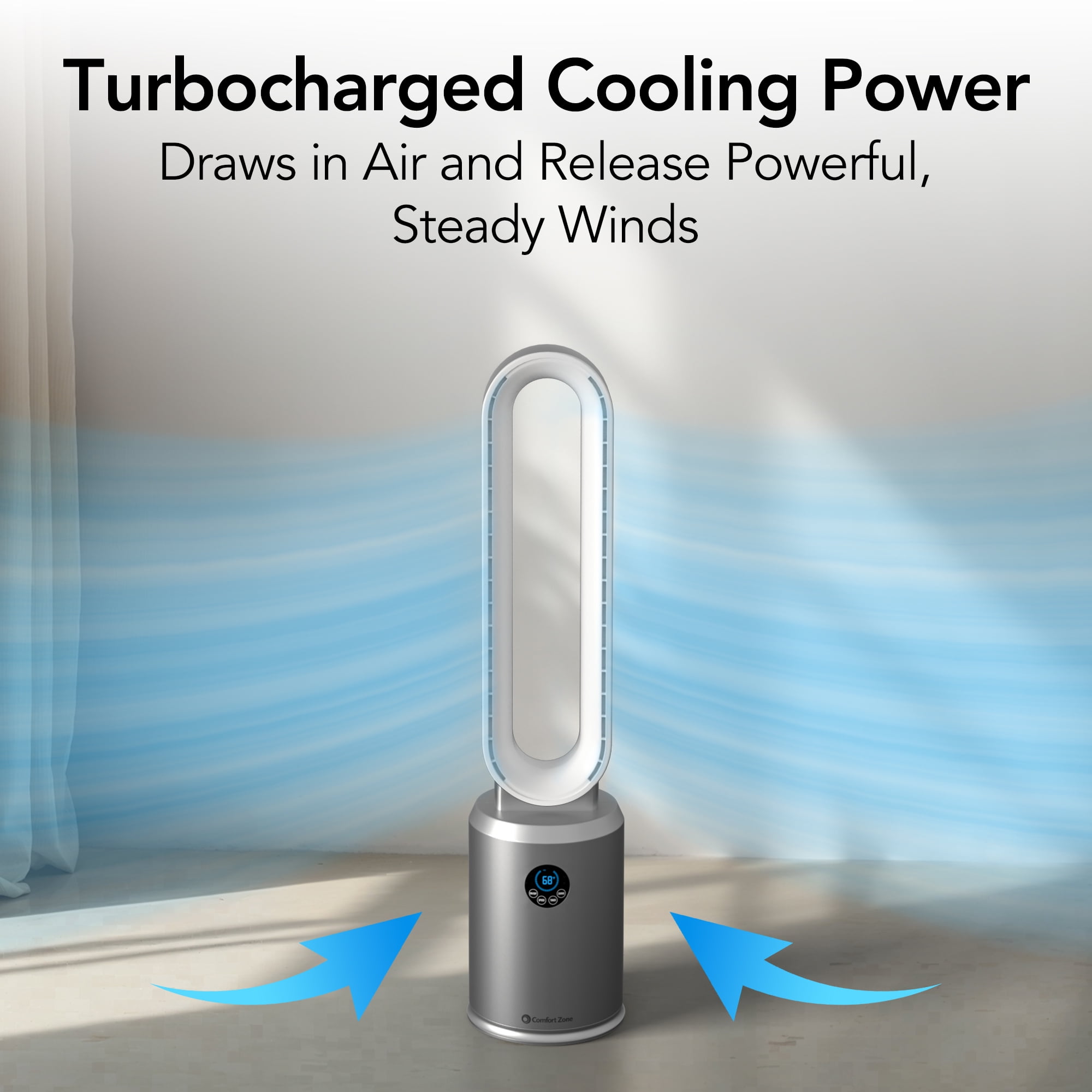 Comfort Zone 40" Bladeless Tower Fan with Remote Control, 9H Timer, Silver