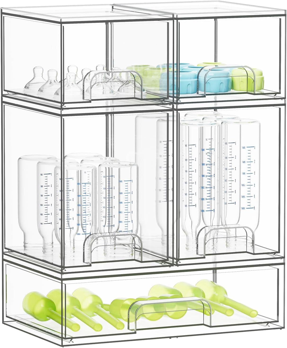 Bottle Storage Organizer Baby - Acrylic Bottles Station Organizer Container, Stackable Clear Drawers for Countertop, Vanity, Bathroom, Cabinet, Pantry Organization, 5 Pack, 2S2M1L, 15.4" H