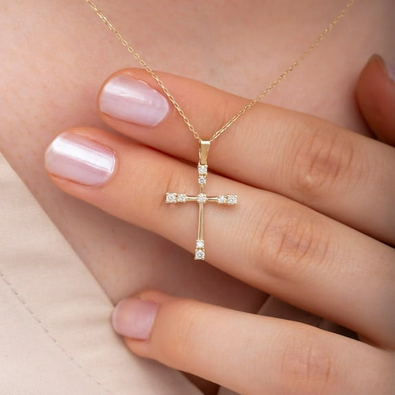 0.16 Ct Round Cut Lab-Created Diamond Religious Cross Necklace 14K Yellow Gold Plated