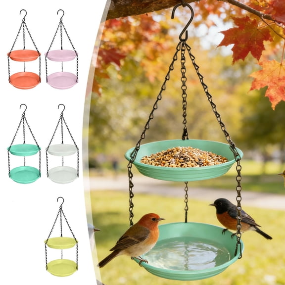 Outdoor Hanging Bird Feeder Double Layer Plastic Bird Feeder for Seeds and Water with Chain for Garden Yard Patio