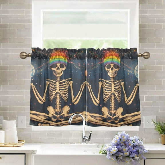 Yayeee Kitchen Curtains Tier Pair Light Filtering 27"x36" Rod Pocket Short Cafe Window Panel, Skeleton with Rainbow