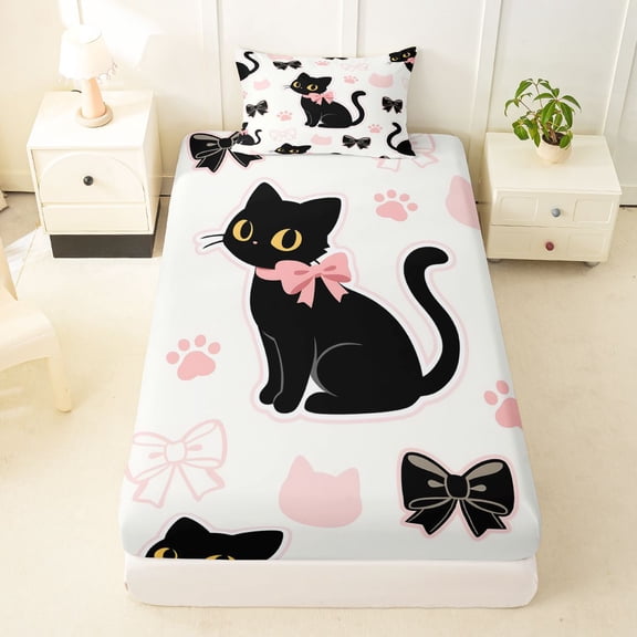 Manfei Kawaii Black Cat Twin Fitted Sheet, Bow Paw Bedding, White Pink, 2pcs, 1 Fitted Sheet and 1 Pillowcase