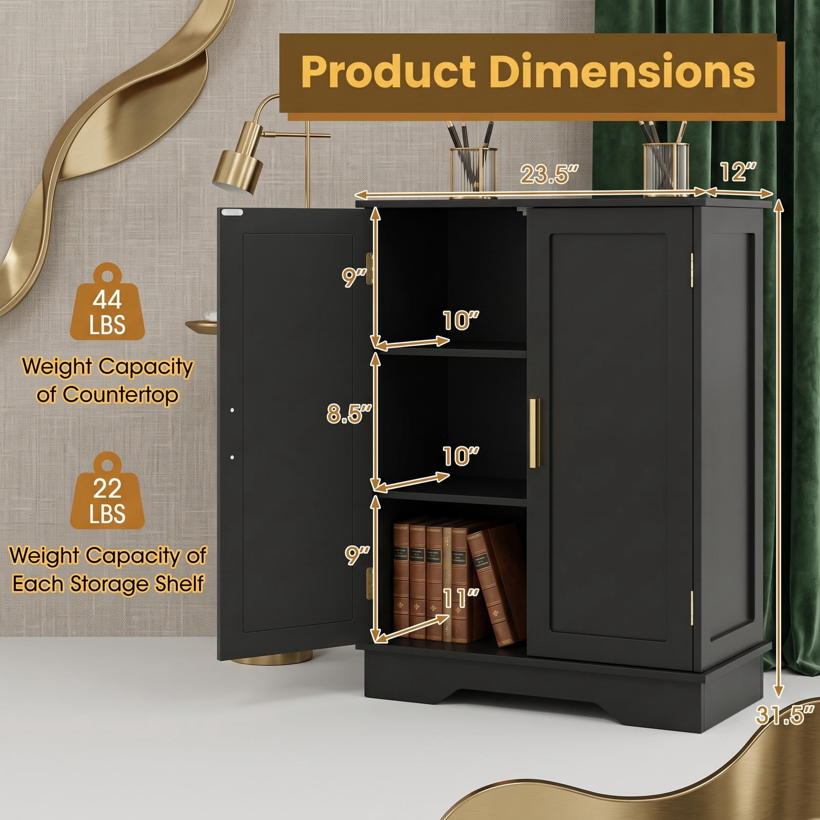 Fenbeli Bathroom Floor Storage Cabinet, Freestanding 2-Door Side Cabinet with Adjustable Shelves and Countertop, Modern MDF Bathroom Organizer for Bathroom, Black