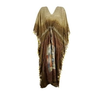 Mogul Women's Brown Printed Caftan V-Neck Summer Style Beach Cover Up Pom Pom Tassel Long Maxi Kaftan 3X