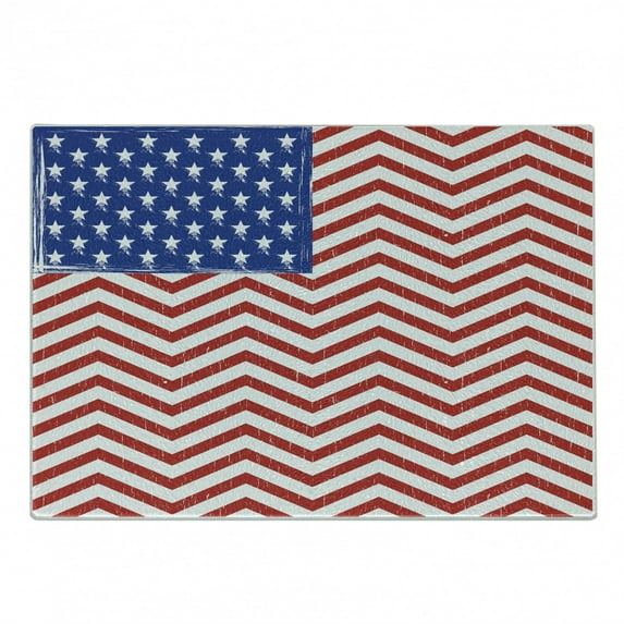 USA Cutting Board, National Flag with Grunge Design and Stars Zigzags Patriotic Colors, Decorative Tempered Glass Cutting and Serving Board, in 3 Sizes, by Ambesonne
