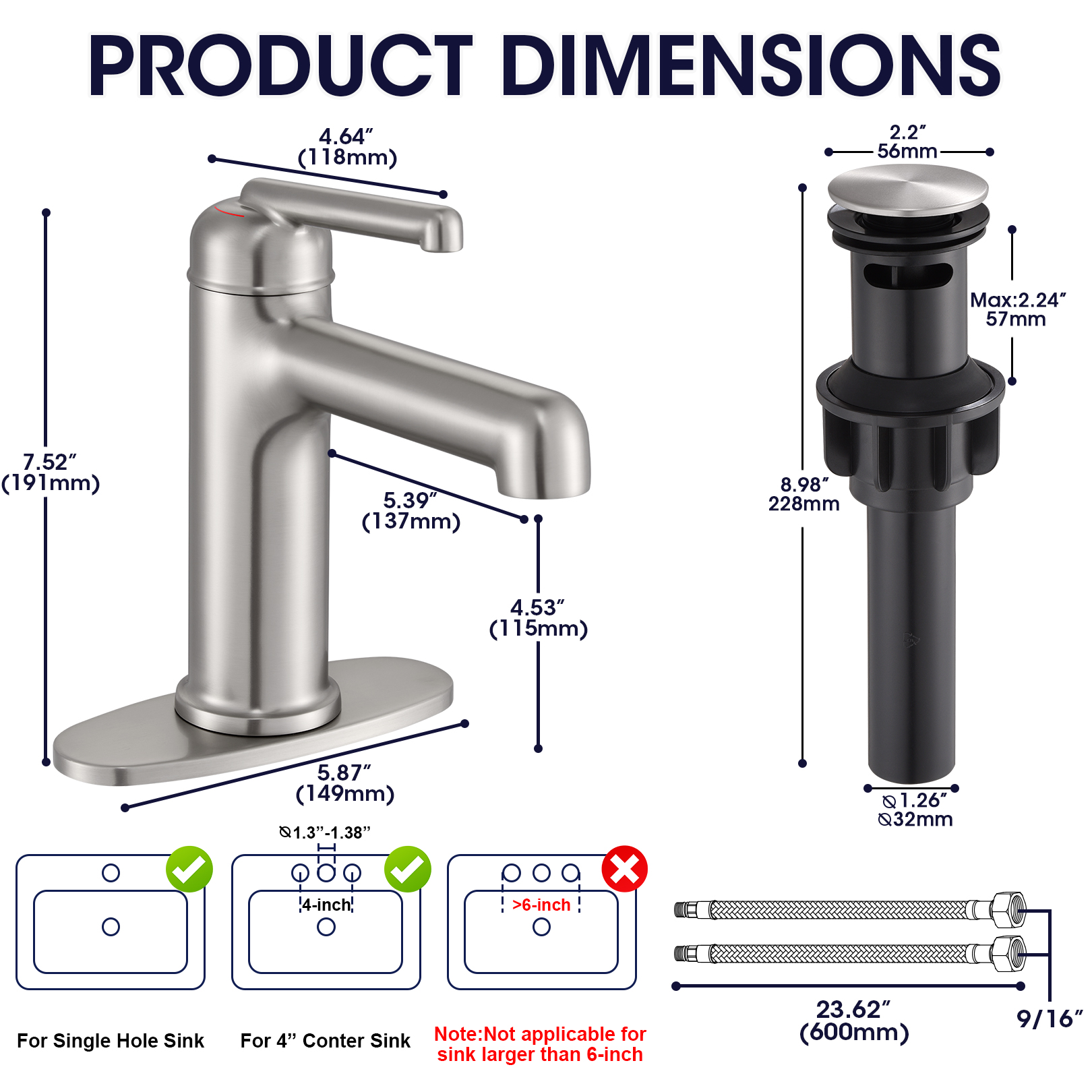 Wowkk Bathroom Sink Faucets Brass Single Handle Bathroom Faucets with Deck Plate 1 Hole or 3 Hole and Supply Hoses, Modern Straight Spout Vanity Faucet for RV Restroom Hotel, Brushed Nickel