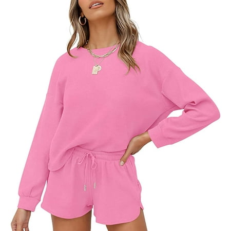 

QWZNDZGR Women s Waffle Knit Long Sleeve Top and Shorts Pullover Nightwear Lounge Pajama Set with Pockets