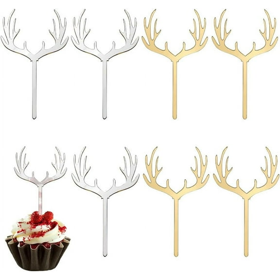 1 Box 40Pcs Christmas Cupcake Toppers Deer Antler Cupcake Topper Plastic Reindeer Cake Picks Dessert Acrylic Toppers Bulk for Wedding Birthday Hunting Rustic Country Party Cake Decoration diy