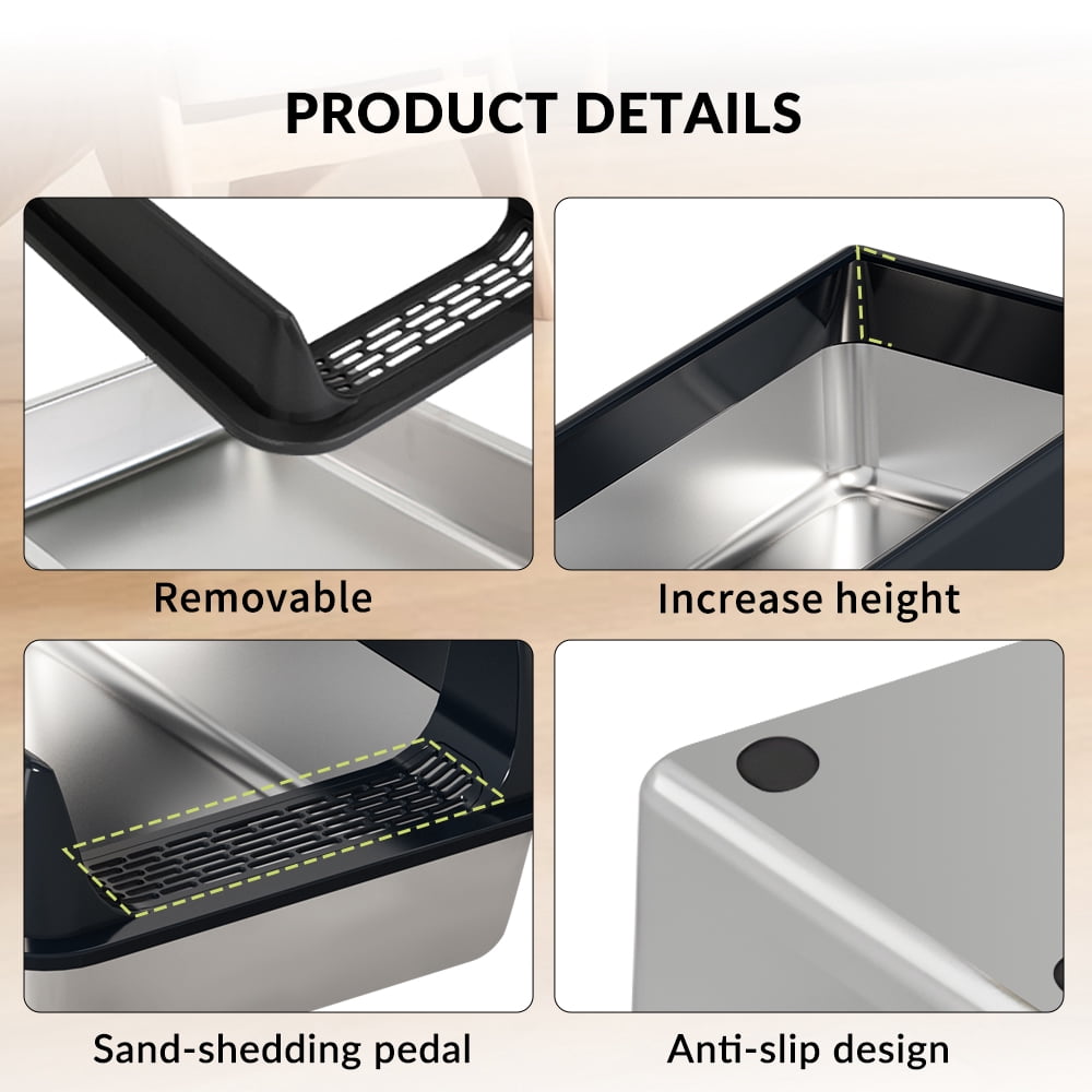 Cat Litter Box + Mat + Wipes, Semi Enclosed High Side Stainless Steel Litter Box, Top Entry Pet Mats for Senior Cats, Leak-Proof, Non-Sticky, Ideal for Indoor Cats Kitten, M