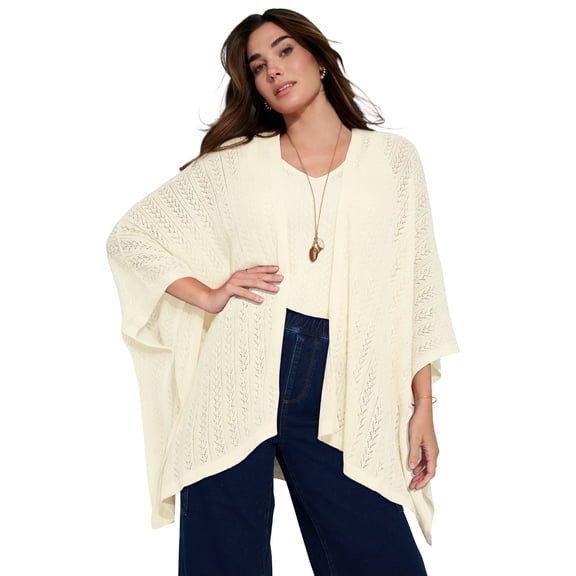 Roaman's Women's Plus Size Pointelle Open-Front Ruana Cardigan