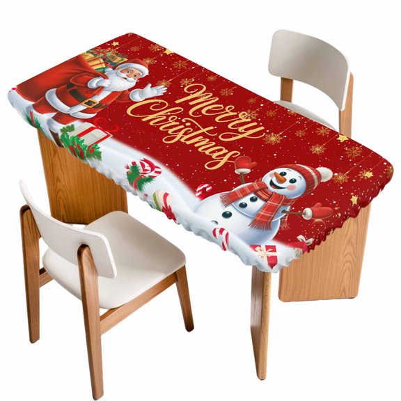 Red Christmas Table Cloths for 3 Foot Rectangle Tables, Santa Snowman Xmas Gifts Snowflake Winter Patio Waterproof Elastic Fitted Tablecloths, Washable Rectangular Table Cover for Camping