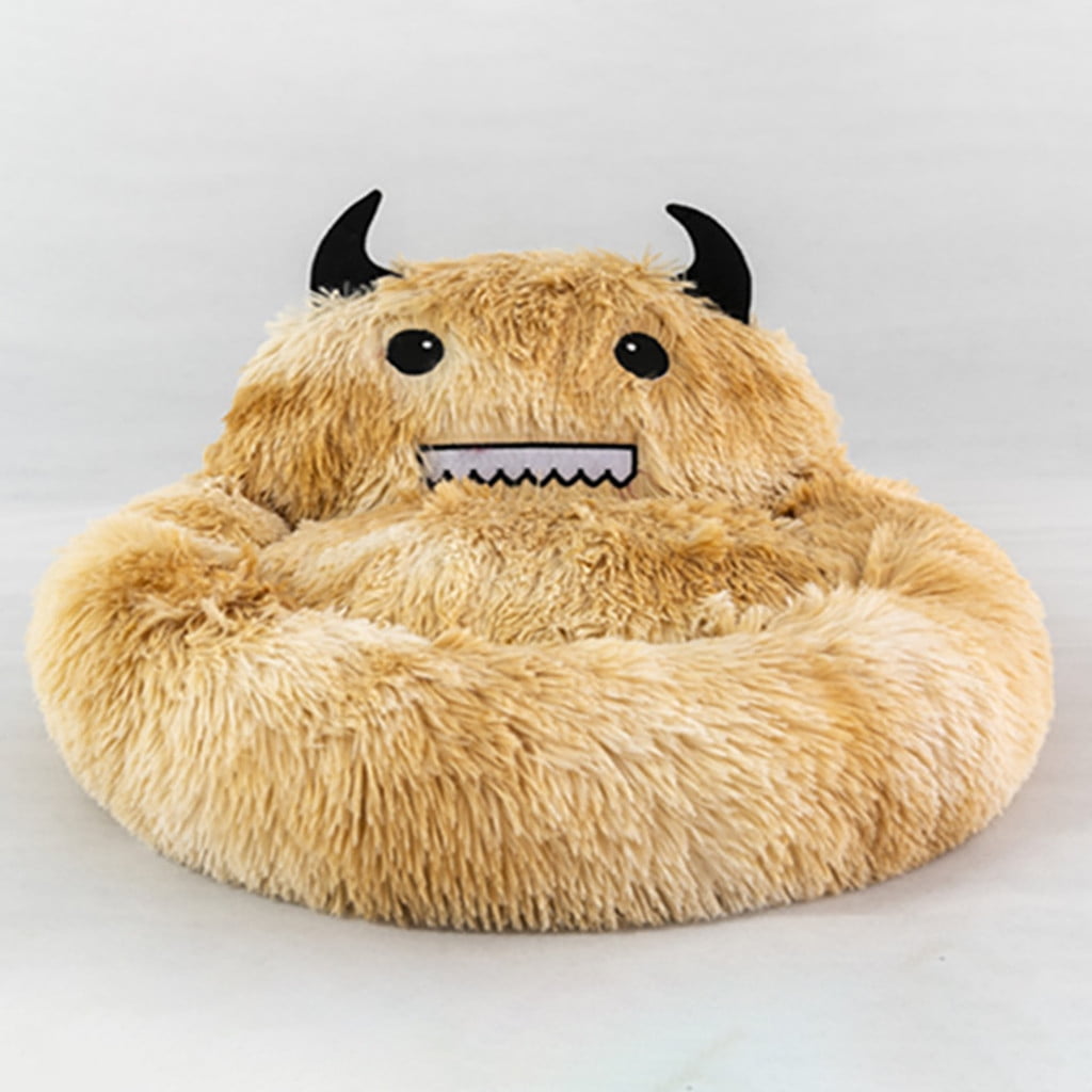 PureCasa Semi-Enclosed Cute Dog Cat Bed for Fall Winter, Comfortable Long Plush Fluffy Pet Pad House Thermal Kennel, Creative Sleeping Cushion Pads for Small Cats Dogs, Round, 1 Pack, L, Brown
