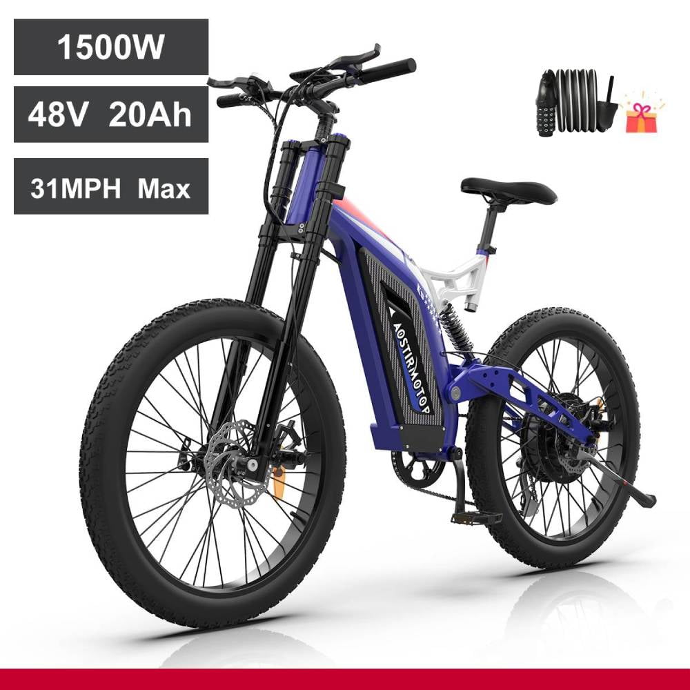 AOSTIRMOTOR Electric Bike with 1500W Motor 48V 20AH Removable Lithium Battery 26x3 inch Tires Ebike for Adults with lock