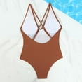 thumbnail image 5 of Dezsed Women's Solid Color V Neck Lace Up One Piece Swimsuit Tummy Control Bathing Suit Ladies Swimwear Coffee XL, 5 of 5