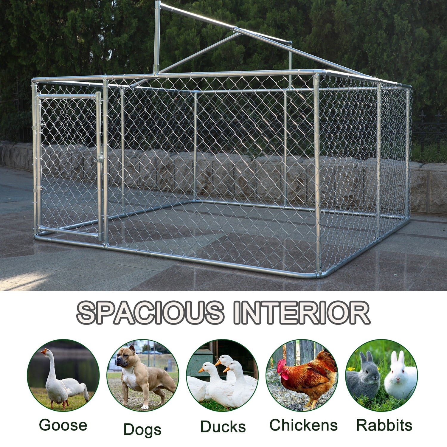DetalleGo Large Outdoor Dog Kennel, Heavy Duty Galvanized Steel Dog Enclosure with Waterproof UV-Resistant Cover, Lockable Door Chain Link Playpen for Large Pets (90" L x 90" W x 65" H)