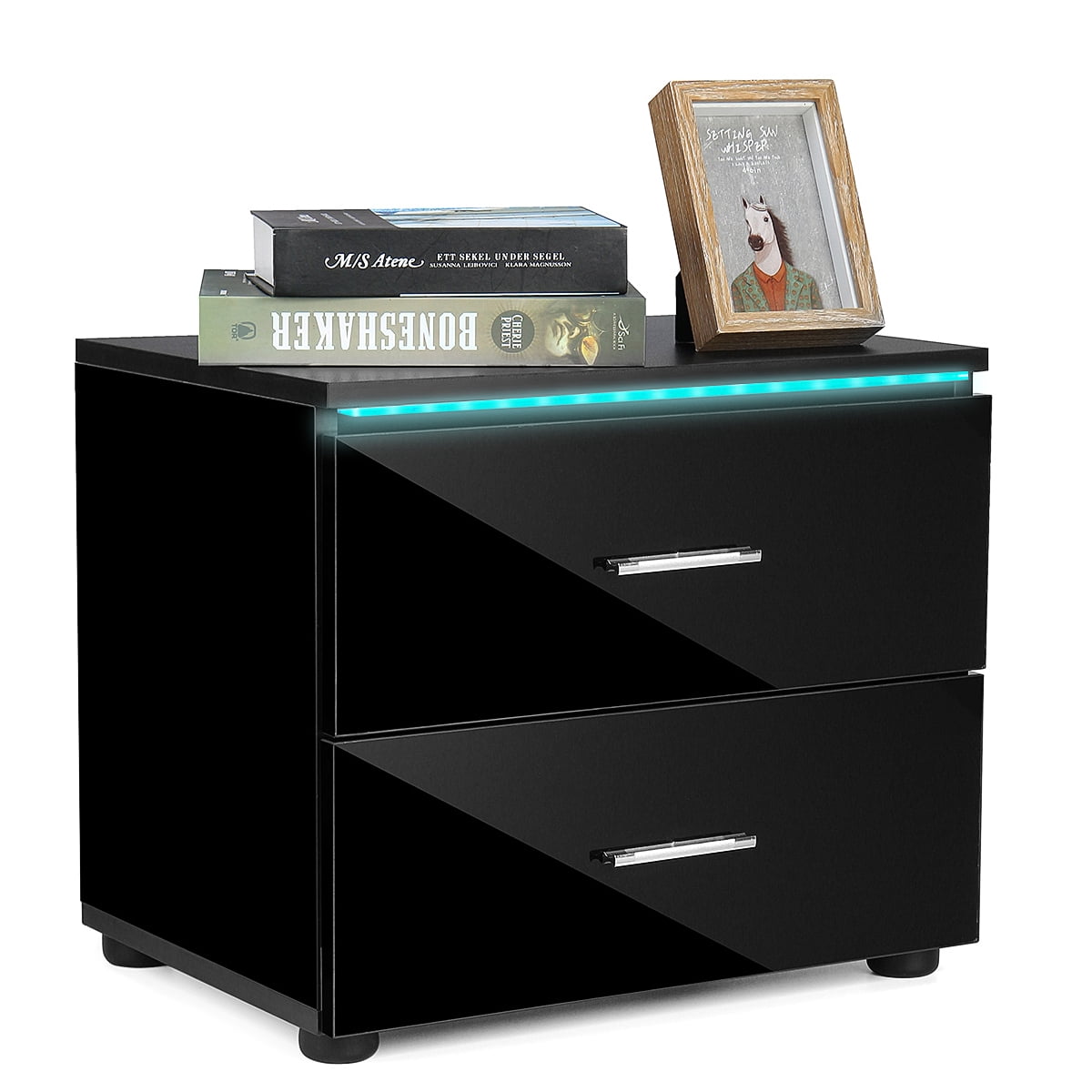 High Gloss LED Nightstand with 2 Drawers Storage, Bedroom End Table, w