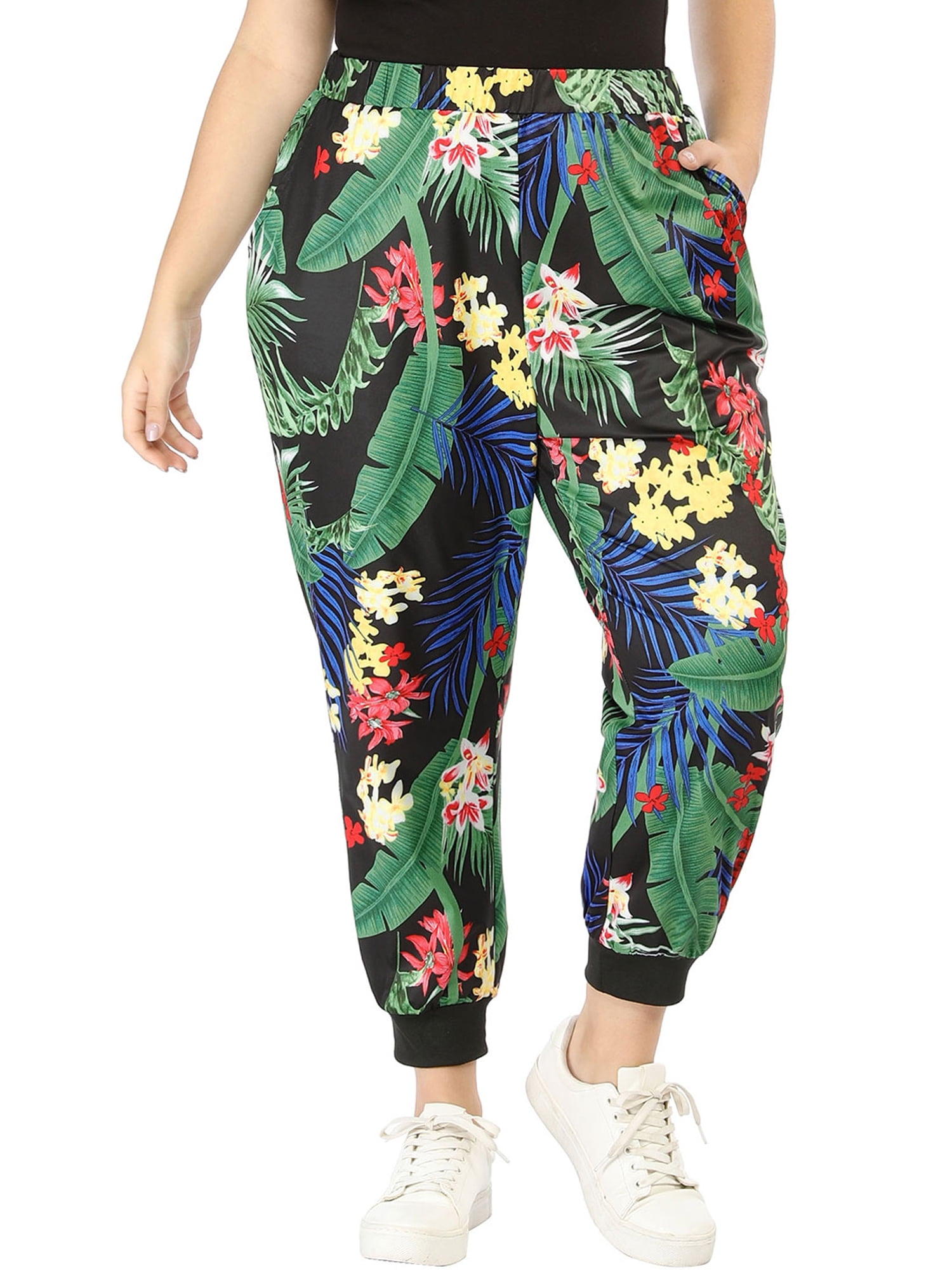 Elastic Waist Floral Jogger Pants Black 