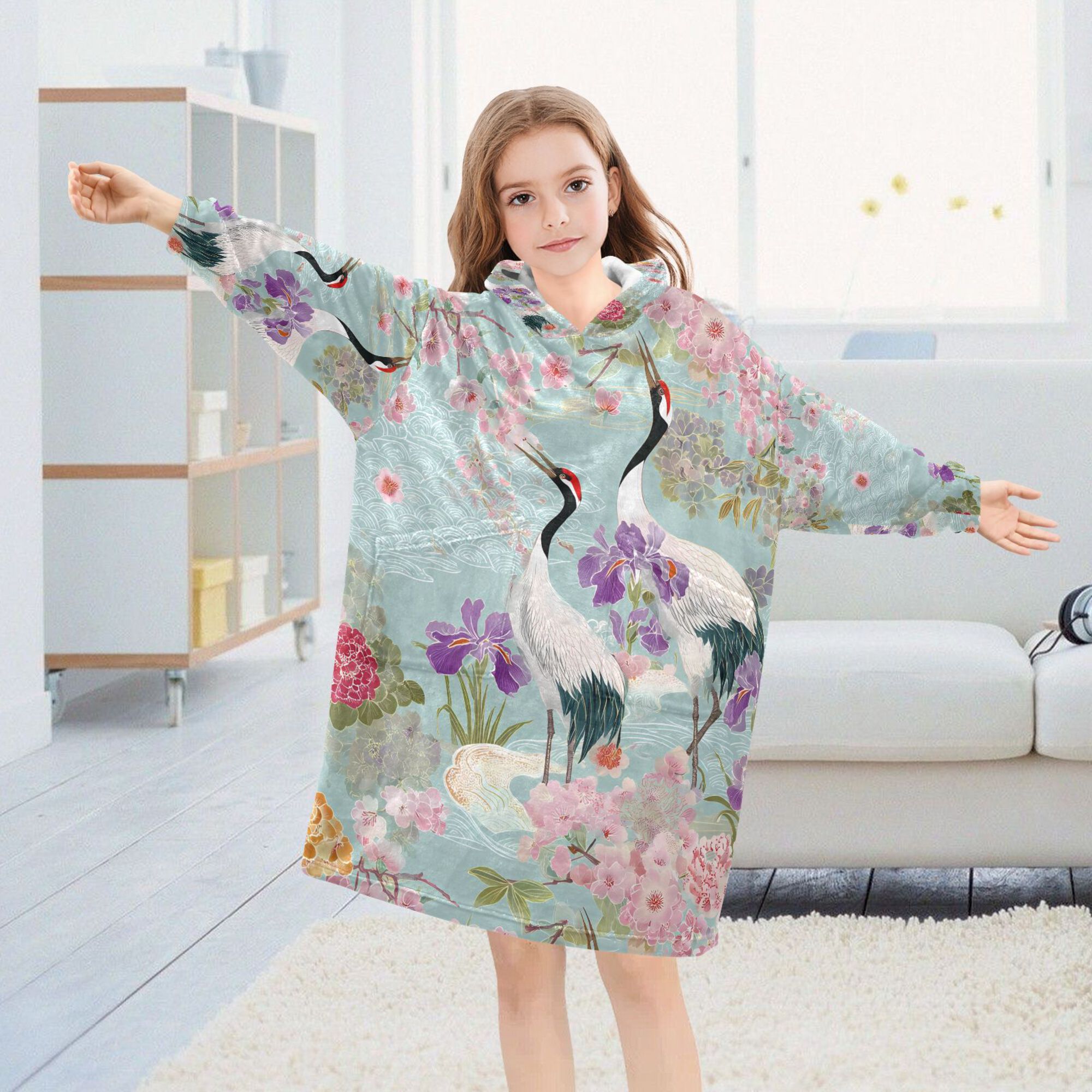 FORMRS Wearable Blanket Hoodie with Sleeves for Kids Cozy Flannel Sweatshirt, Green Floral Cranes Pattern