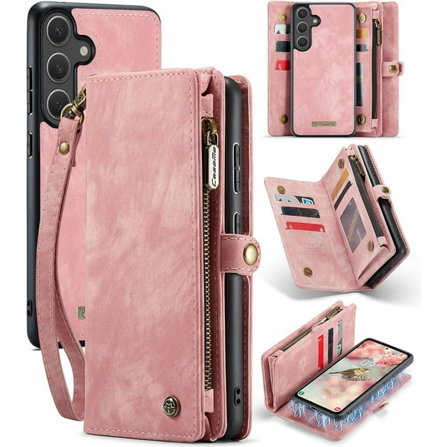 Funda tipo cartera para Samsung Galaxy S25 FE, con cremallera, tarjetero, correa de muñeca, funda protectora trasera magnética desmontable a prueba de golpes para Samsung Galaxy S25 FE 5G